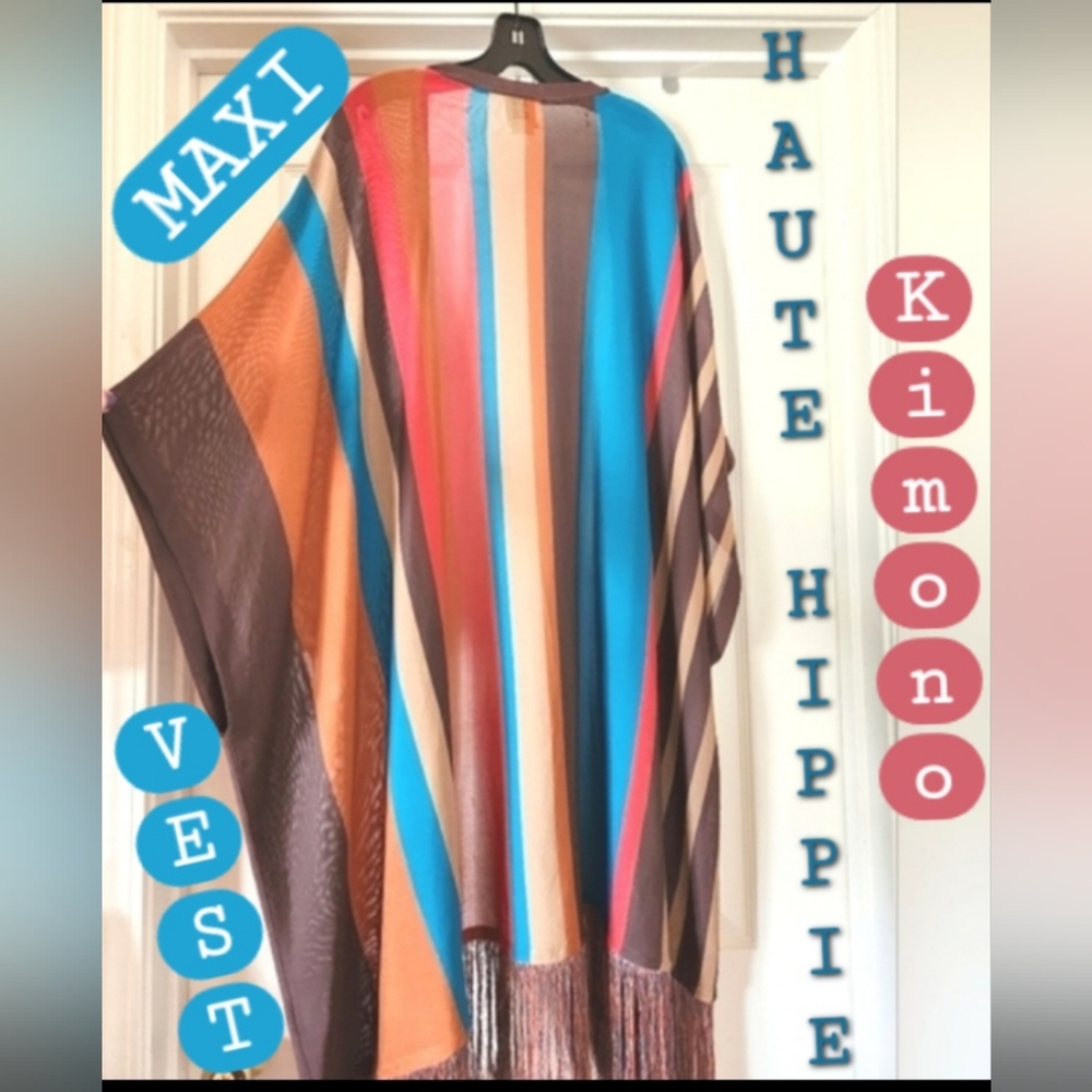 HAUTE HIPPIE Desert Stripes Western Turq Coral Midi Fringe Tunic Kimono Vest OS - Picture 2 of 16